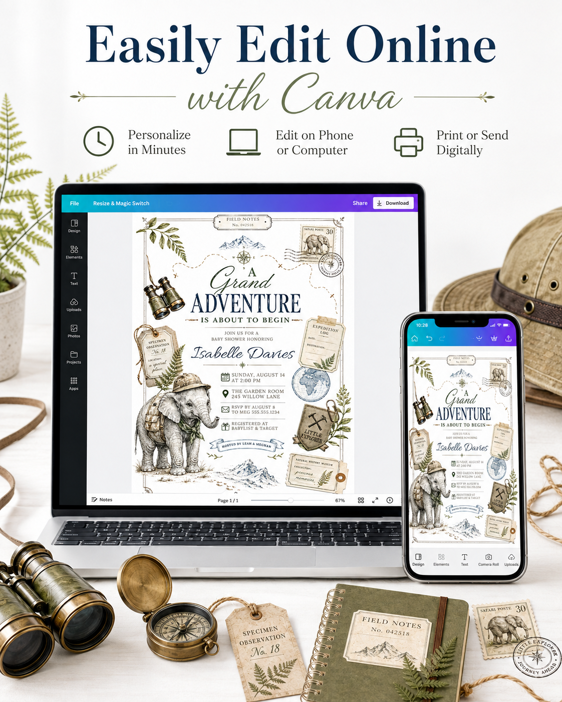 Grand adventure baby shower invitation with safari elephant, binoculars, compass, expedition tags, postage stamp, globe, mountains, greenery, and vintage explorer details
