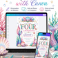 Mermaid birthday invitation with colorful mermaid tails, seashells, pearls, coral, starfish, bubbles, seaweed, gold accents, and under the sea details