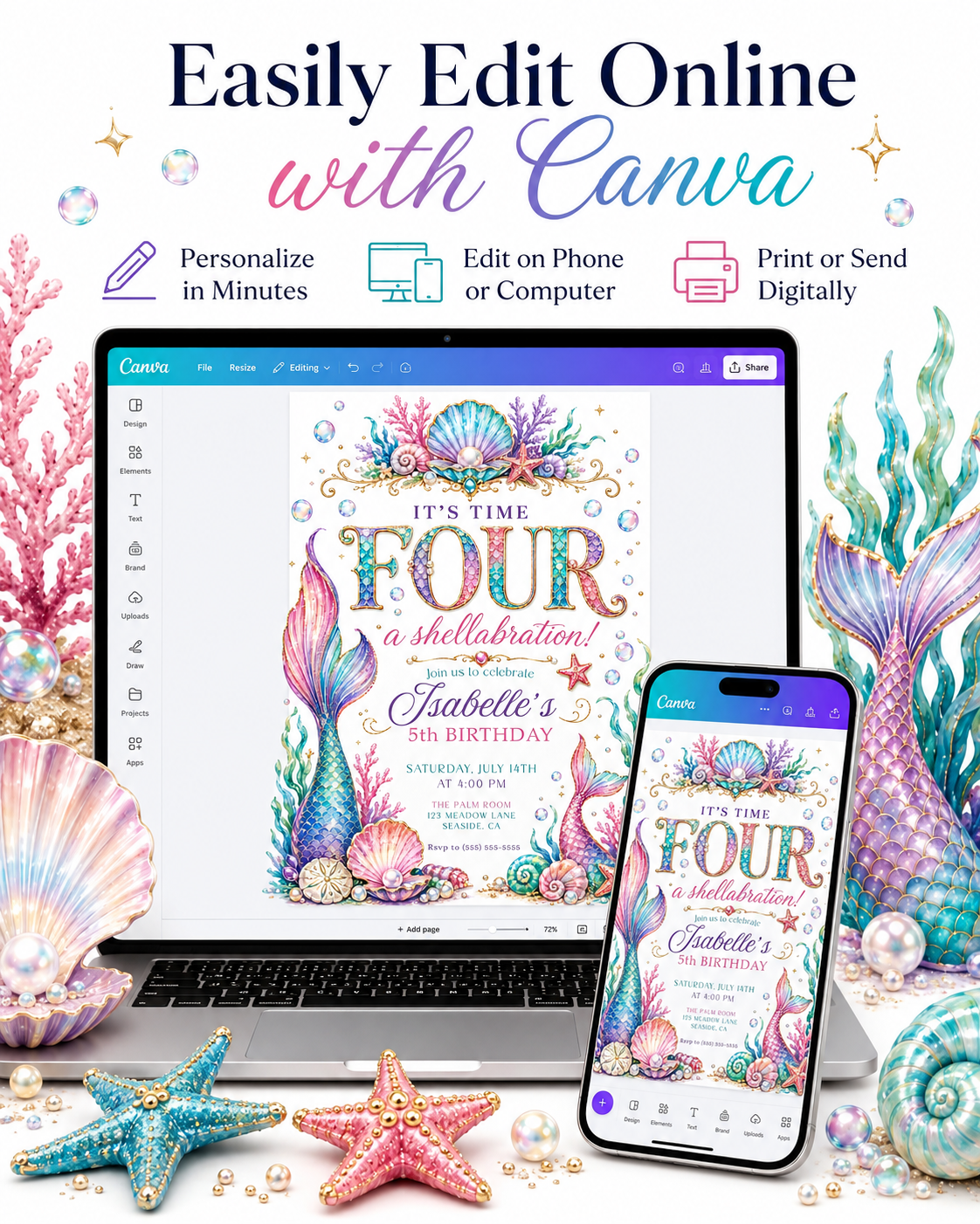 Mermaid birthday invitation with colorful mermaid tails, seashells, pearls, coral, starfish, bubbles, seaweed, gold accents, and under the sea details
