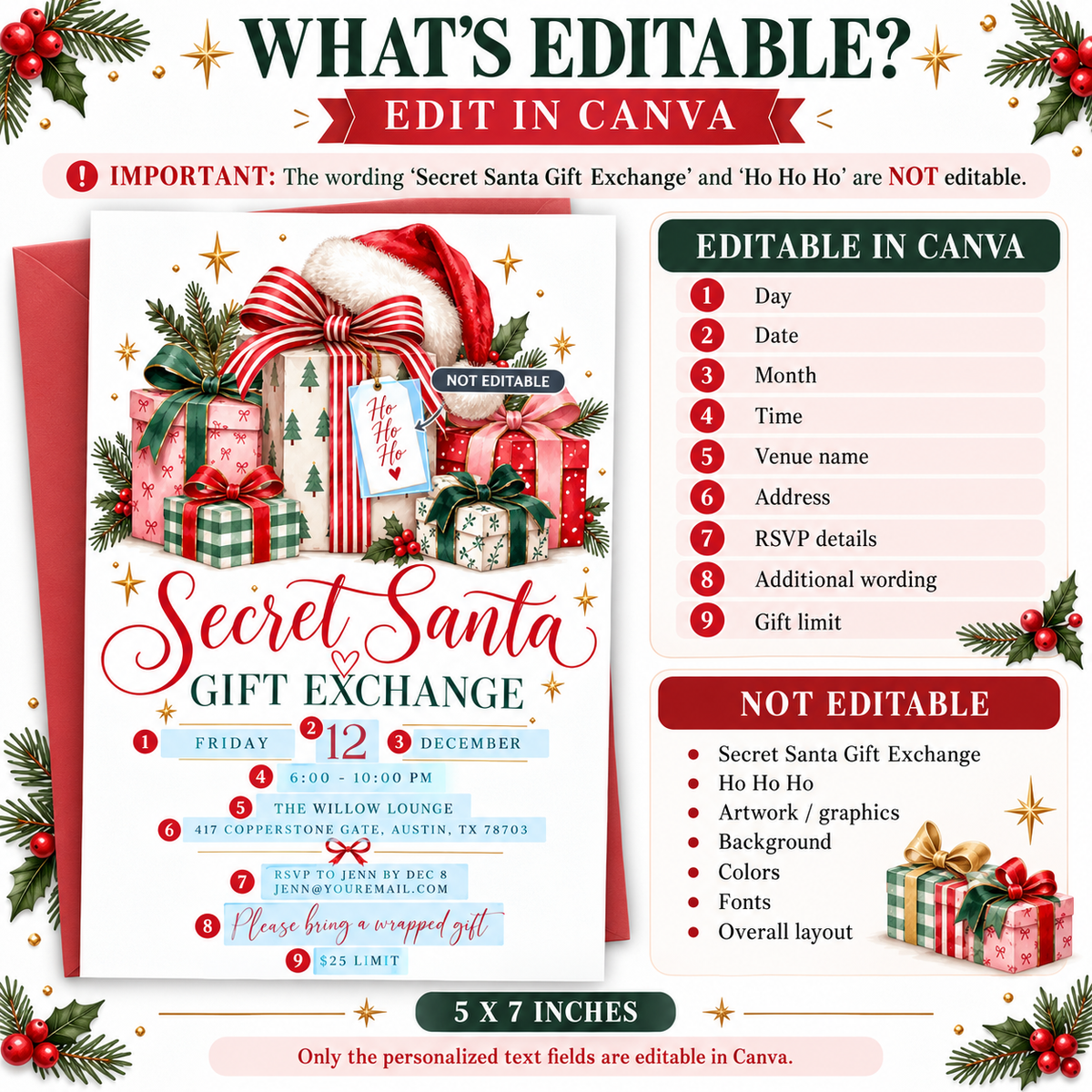 Secret Santa gift exchange invitation with red, green, and pink wrapped presents, oversized ribbon bows, a Santa hat, evergreen sprigs, holly berries, and gold stars