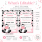 Cow print girl birthday invitation with a cartoon cow, cow spots, and pink gingham in black, white, and pink