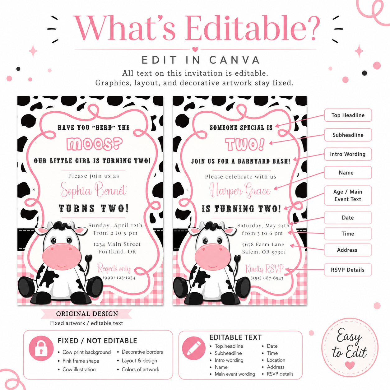 Cow print girl birthday invitation with a cartoon cow, cow spots, and pink gingham in black, white, and pink
