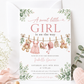 Sweet little girl baby shower invitation with hanging baby clothes, a teddy bear, and greenery in soft pink and sage