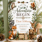 Woodland baby shower invitation with fox, bear, deer, raccoon, bunny, owl, squirrel, greenery, pine branches, mushrooms, acorns, and adventure details