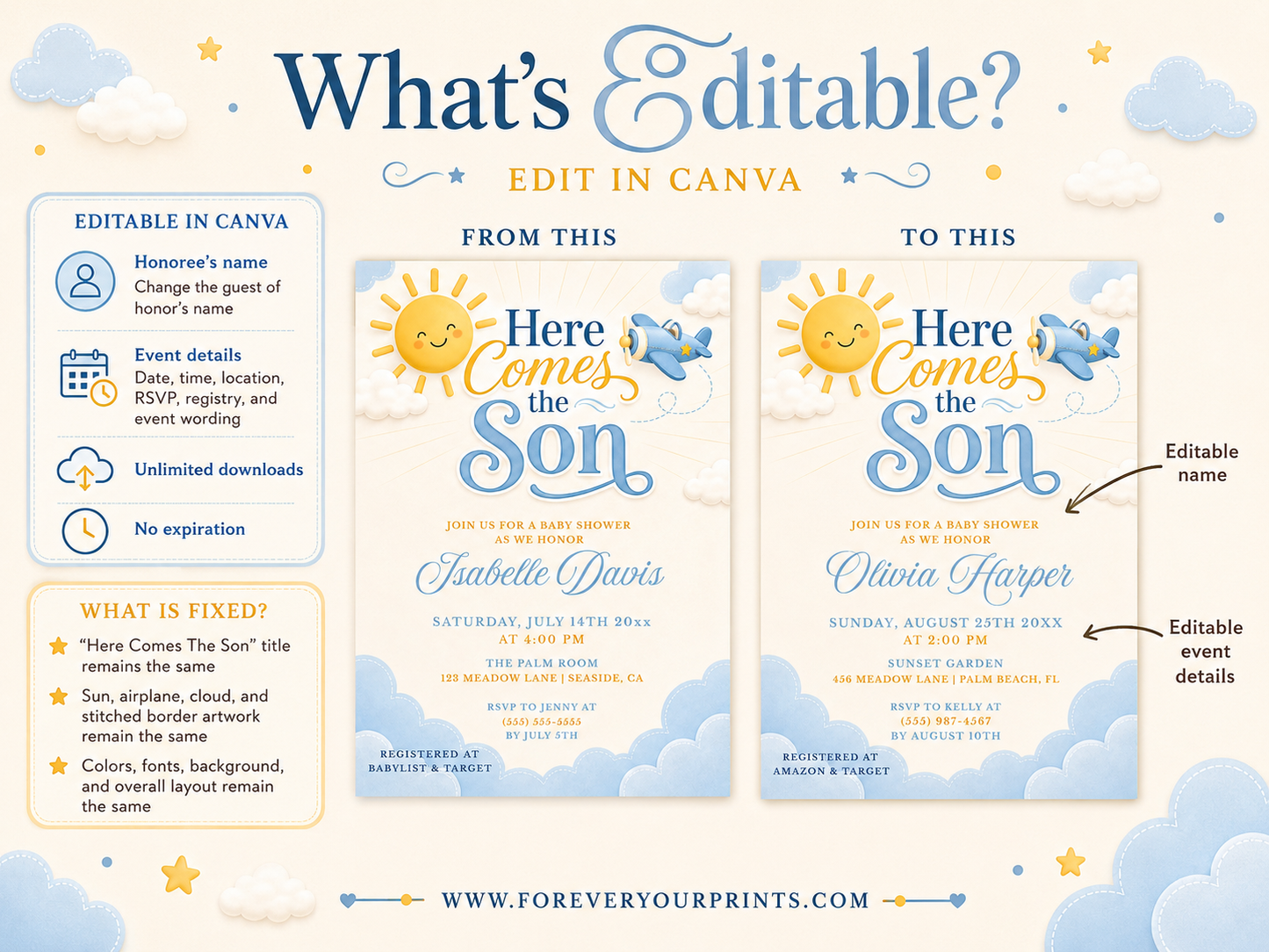 Editable here comes the son baby shower invitation Canva template with smiling sun, blue toy airplane, fluffy clouds, and bold navy and sky blue typography on a soft cream background, shown as a flat lay mockup