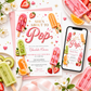 Popsicle baby shower invitation with fruit ice pops and strawberries in pink, green, and orange