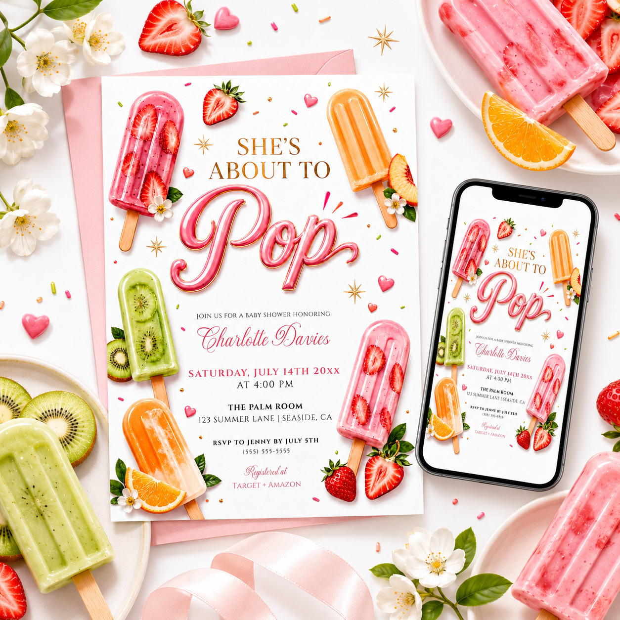 Popsicle baby shower invitation with fruit ice pops and strawberries in pink, green, and orange