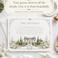 Elegant European style wedding details enclosure card template with watercolor stone building, white roses, cypress trees and sage green ornate border, editable in Canva