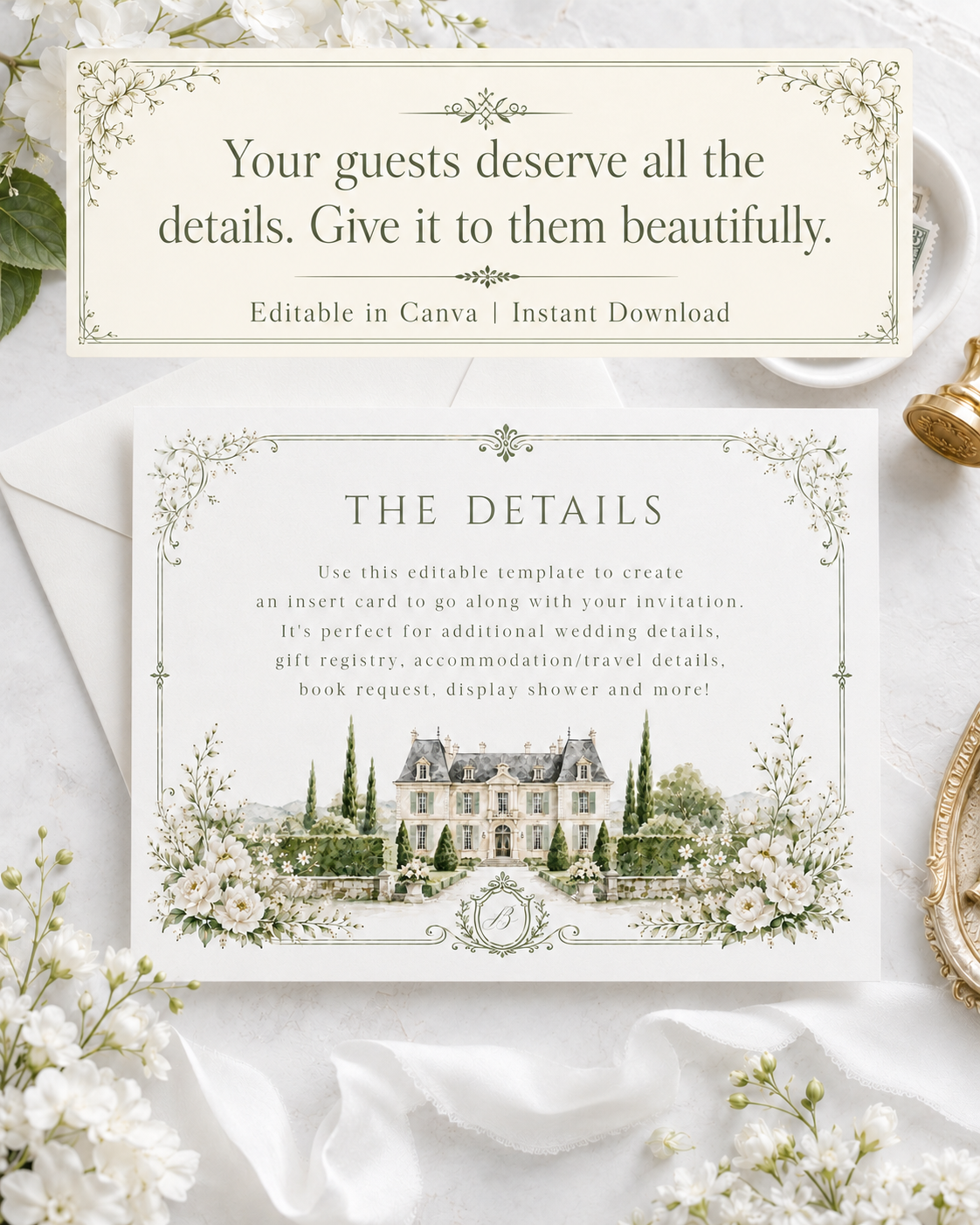 Elegant European style wedding details enclosure card template with watercolor stone building, white roses, cypress trees and sage green ornate border, editable in Canva