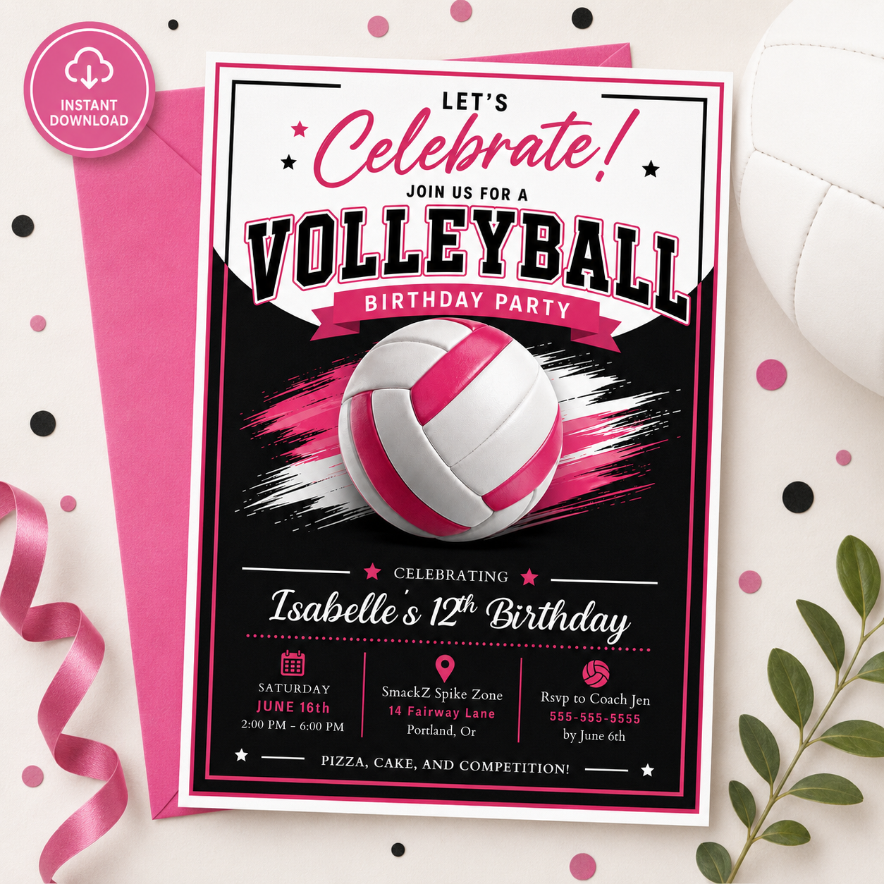 Pink volleyball birthday invitation with a pink and white volleyball and brush strokes in pink, black, and white