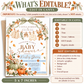 Little Pumpkin baby shower invitation with sage green and orange pumpkins, gingham bows, fall leaves, teddy bear, and knitted baby clothes on a clothesline