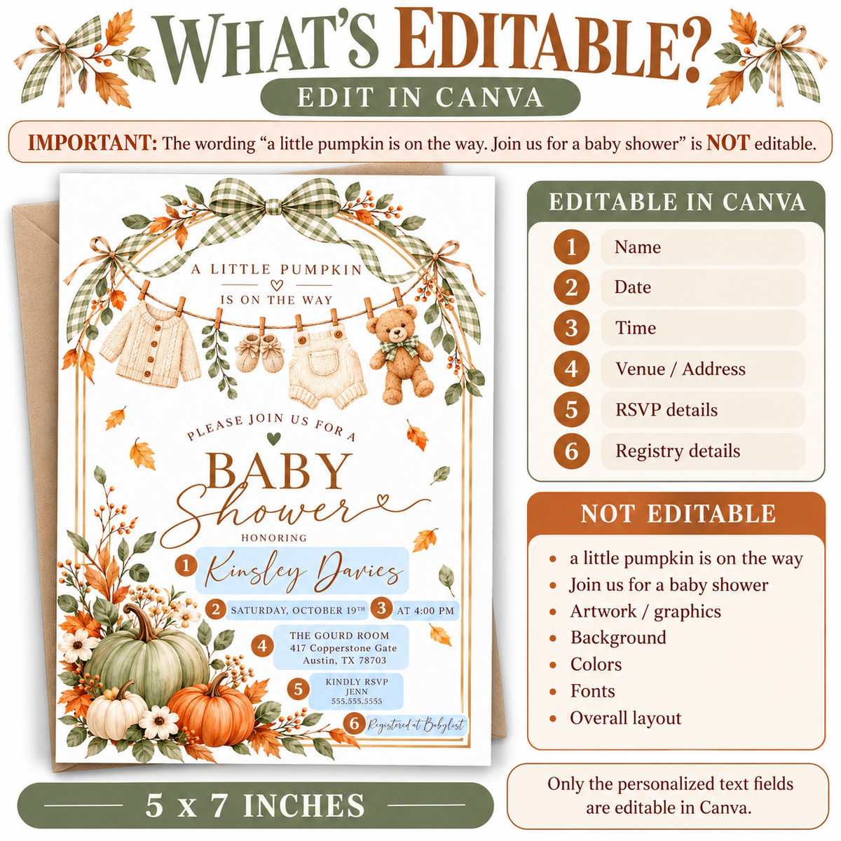 Little Pumpkin baby shower invitation with sage green and orange pumpkins, gingham bows, fall leaves, teddy bear, and knitted baby clothes on a clothesline