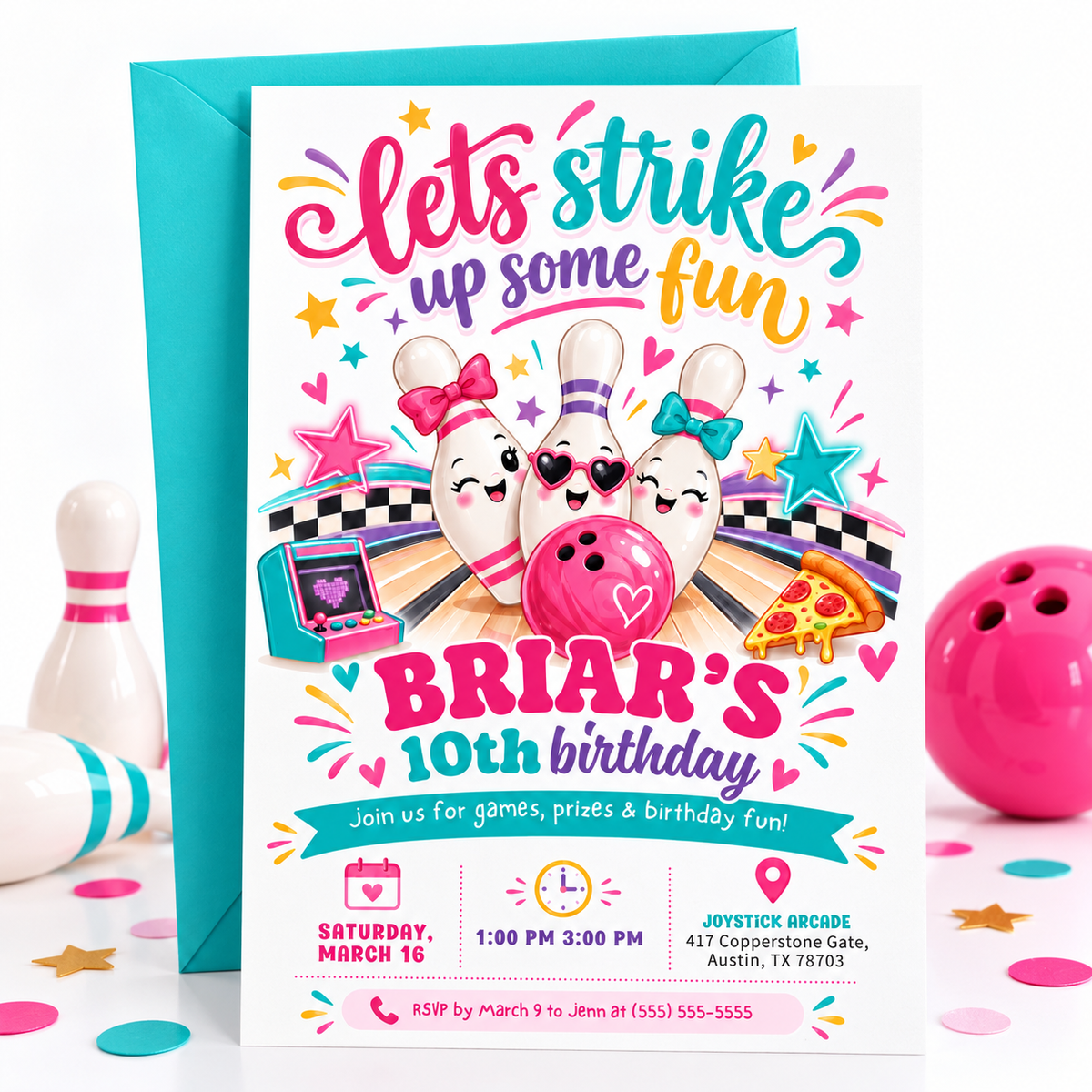 Bowling birthday invitation for a girl’s 10th birthday with smiling bowling pins, pink and teal bows, heart sunglasses, a pink bowling ball, arcade machine, and pizza