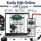 First Period first birthday invitation with little hockey player, ice rink, scoreboard, goal net, hockey stick, puck, and green black sports party details
