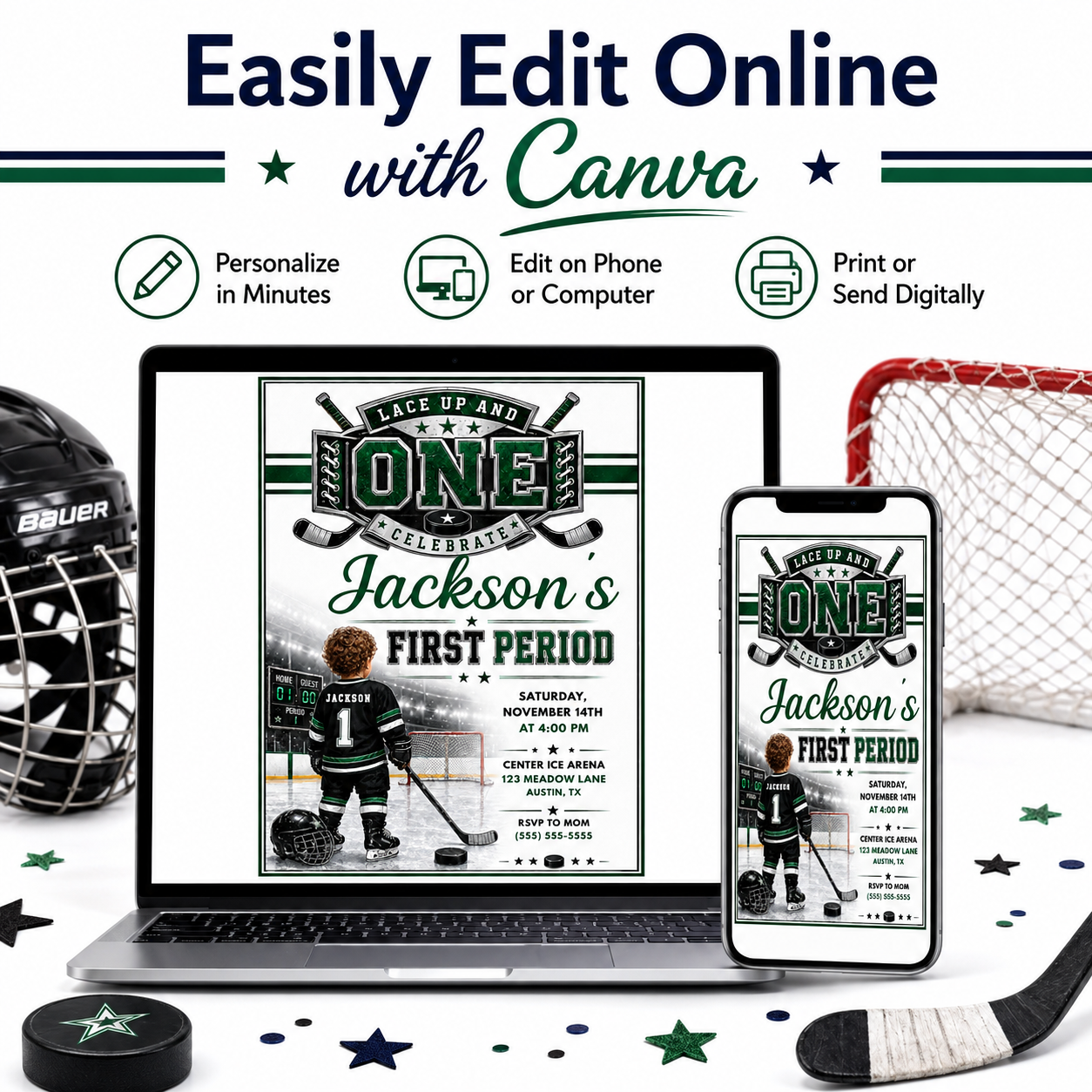 First Period first birthday invitation with little hockey player, ice rink, scoreboard, goal net, hockey stick, puck, and green black sports party details