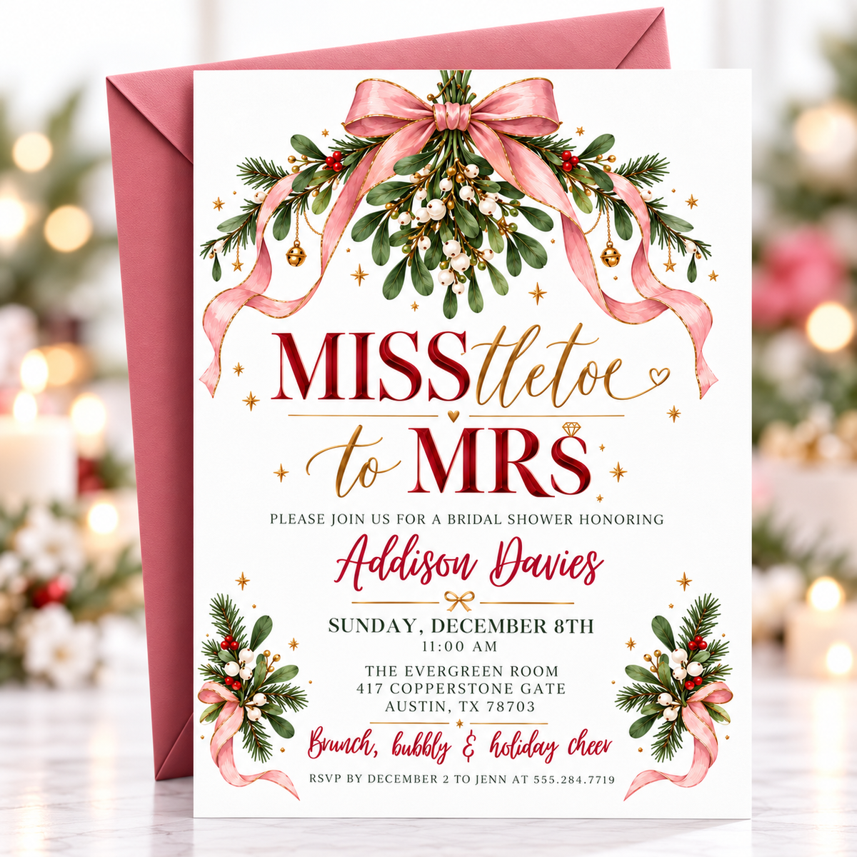 Christmas bridal shower invitation with pink satin bows, mistletoe, evergreen branches, gold bells and MISStletoe to Mrs lettering