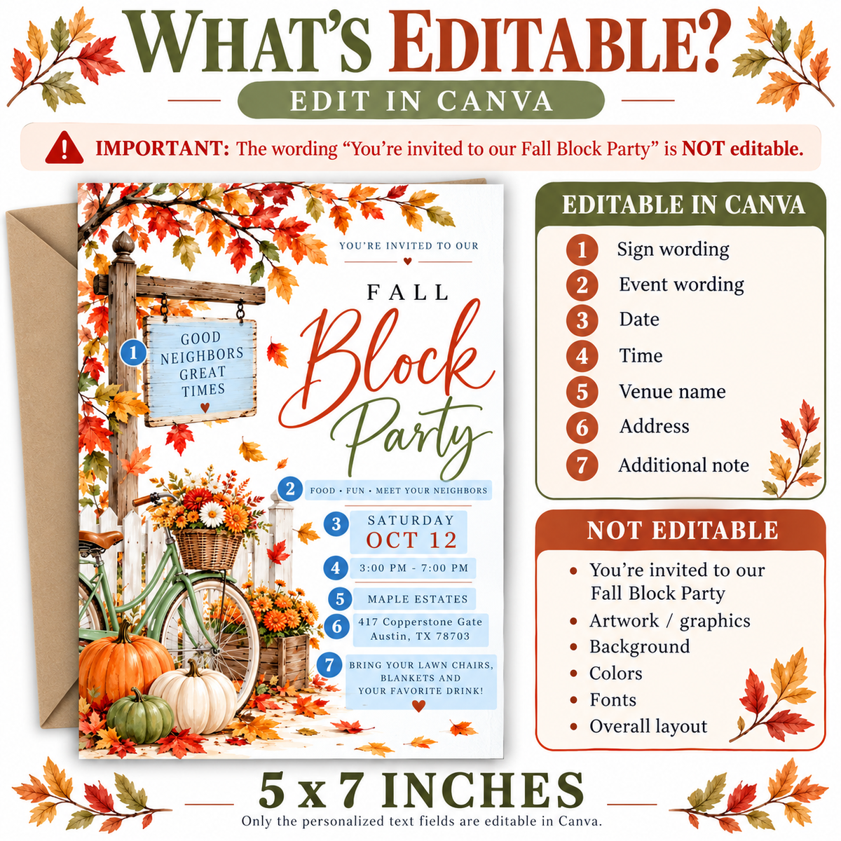 Fall block party invitation with orange autumn leaves, pumpkins, a green bicycle with a flower basket, white picket fence, and rustic Good Neighbors Great Times sign