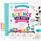 Science birthday invitation with colorful beakers, test tubes, microscope, safety goggles, atoms, molecules, and bright science lab party details for girls