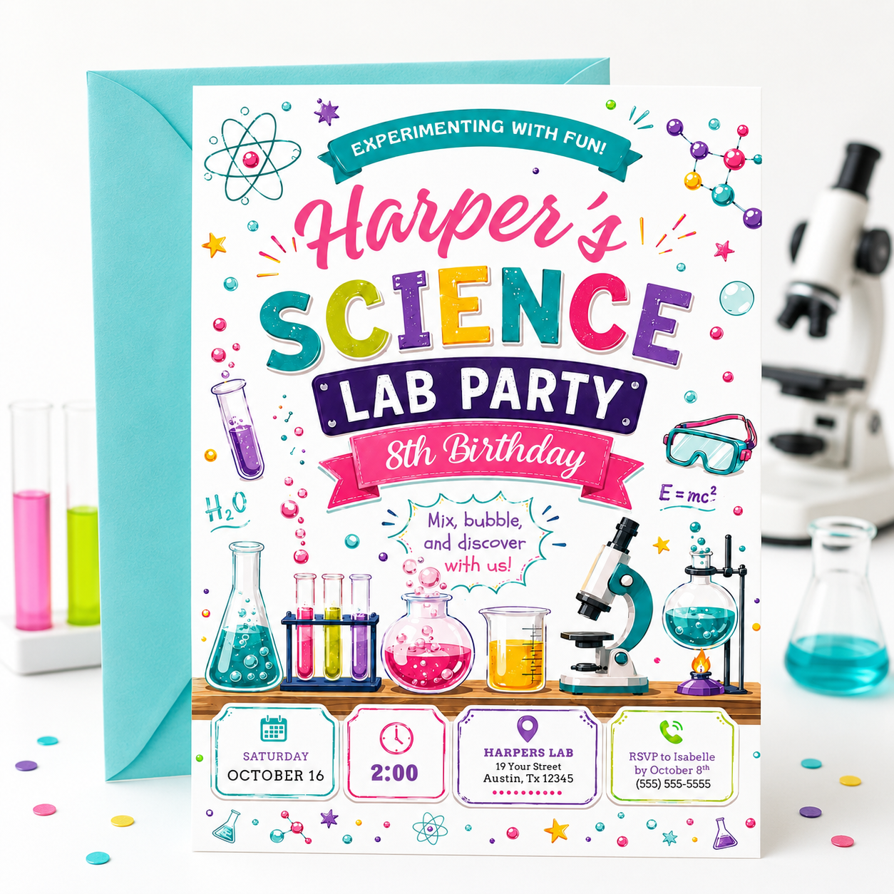 Science birthday invitation with colorful beakers, test tubes, microscope, safety goggles, atoms, molecules, and bright science lab party details for girls