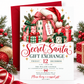 Secret Santa gift exchange invitation with red, green, and pink wrapped presents, oversized ribbon bows, a Santa hat, evergreen sprigs, holly berries, and gold stars