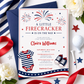 Editable firecracker baby shower invitation Canva template with illustrated fireworks, striped navy onesie, red and navy sneakers, stars and stripes banner, and bold patriotic typography on a white background