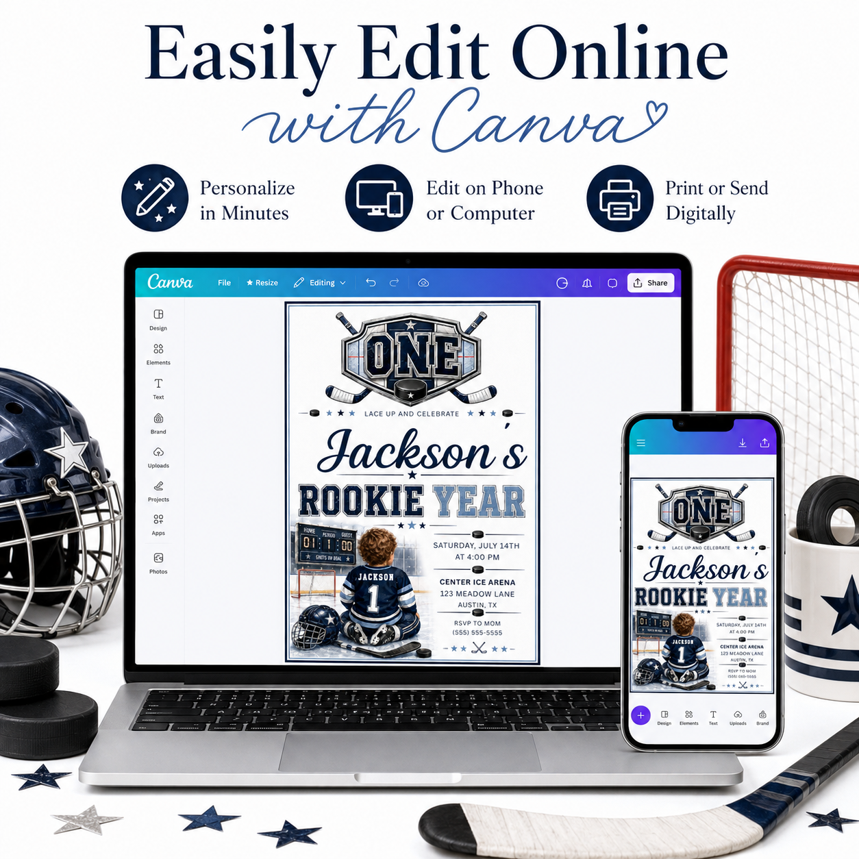 Rookie Year first birthday invitation with little hockey player, ice rink, scoreboard, helmet, hockey sticks, puck, and navy blue birthday party details