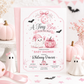 Tiny Boo baby shower invitation with cute ghost, pink pumpkin, crescent moon, bows, bats, stars, and pink Halloween baby girl shower details