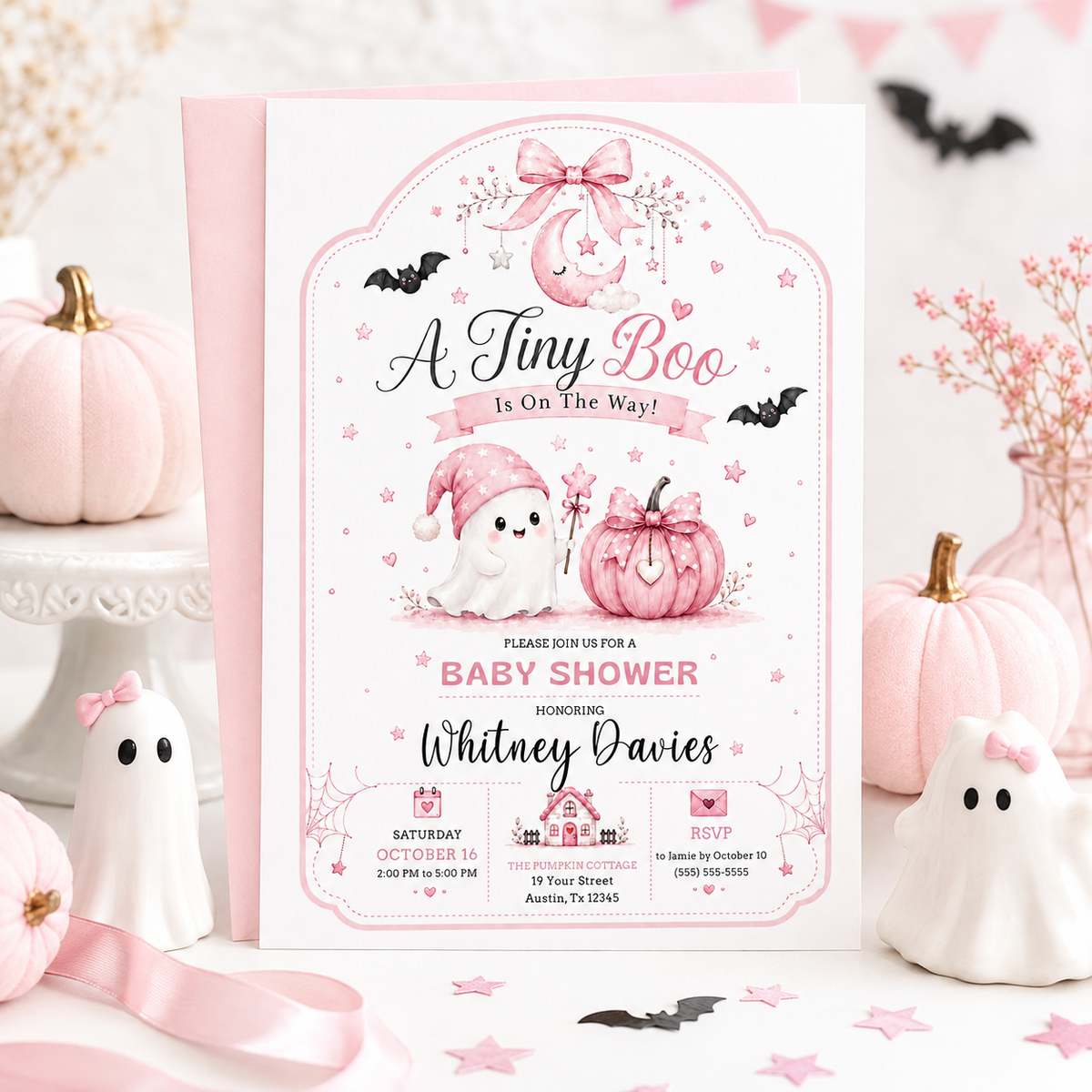 Tiny Boo baby shower invitation with cute ghost, pink pumpkin, crescent moon, bows, bats, stars, and pink Halloween baby girl shower details