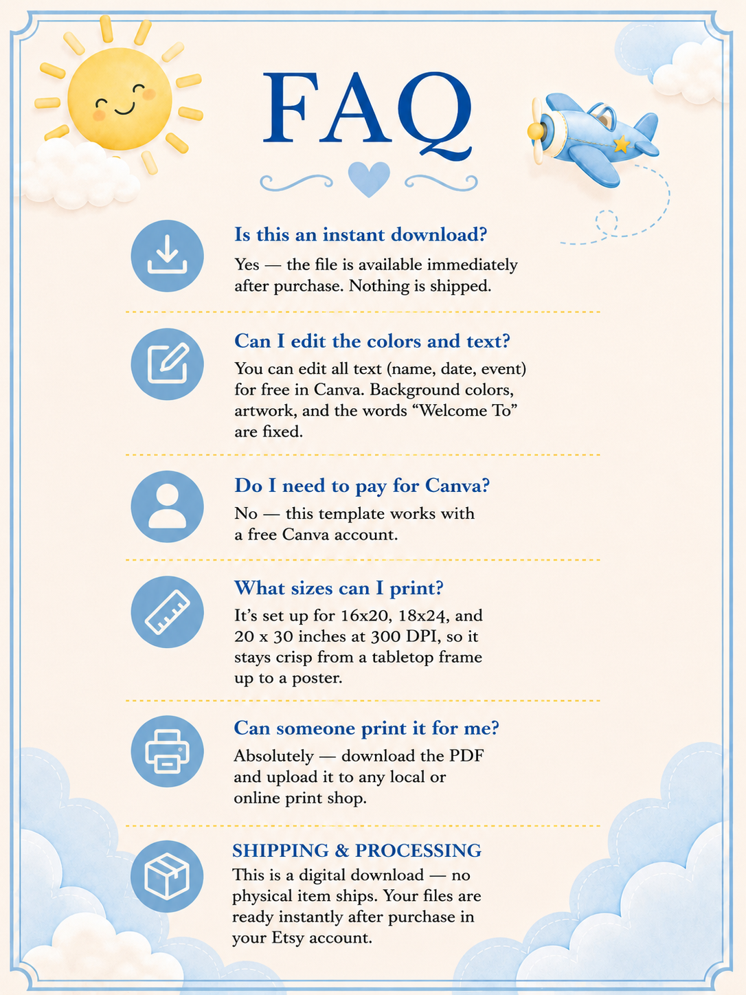 Editable here comes the son baby shower welcome sign Canva template with smiling sun, blue toy airplane, fluffy clouds, arched navy typography, and flowing script on a warm cream background