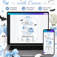 Tiny boo baby shower invitation with cute ghost, blue pumpkin, bats, crescent moon, stars, spiderweb accents, bow details, and soft Halloween baby boy design