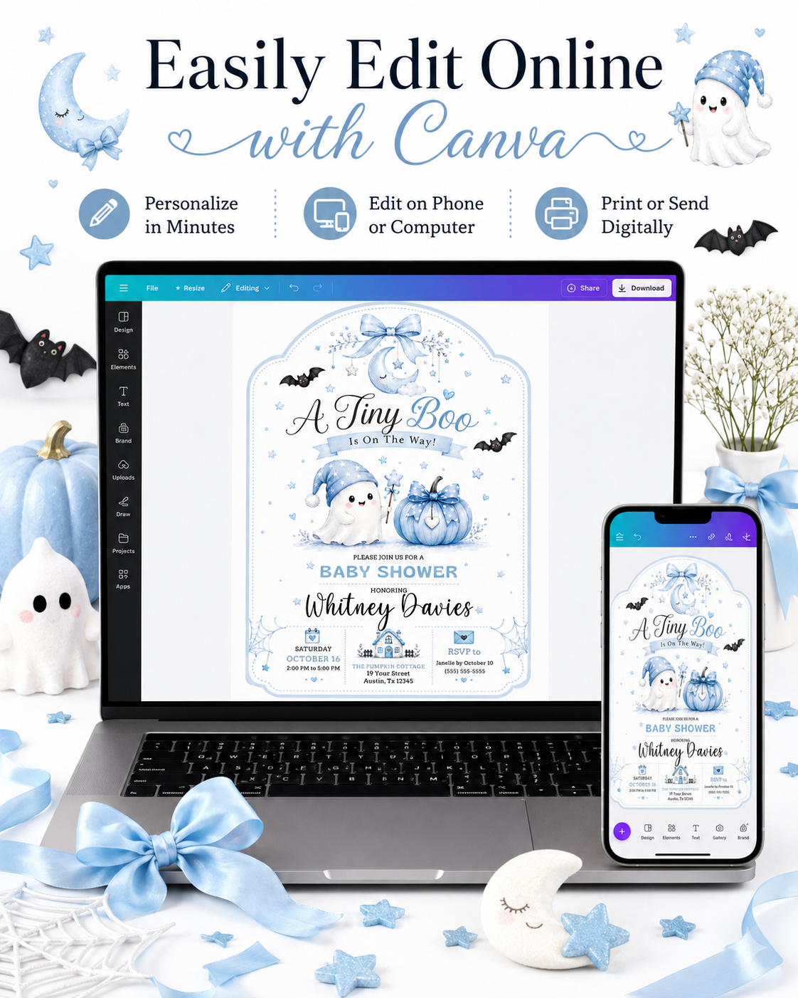 Tiny boo baby shower invitation with cute ghost, blue pumpkin, bats, crescent moon, stars, spiderweb accents, bow details, and soft Halloween baby boy design