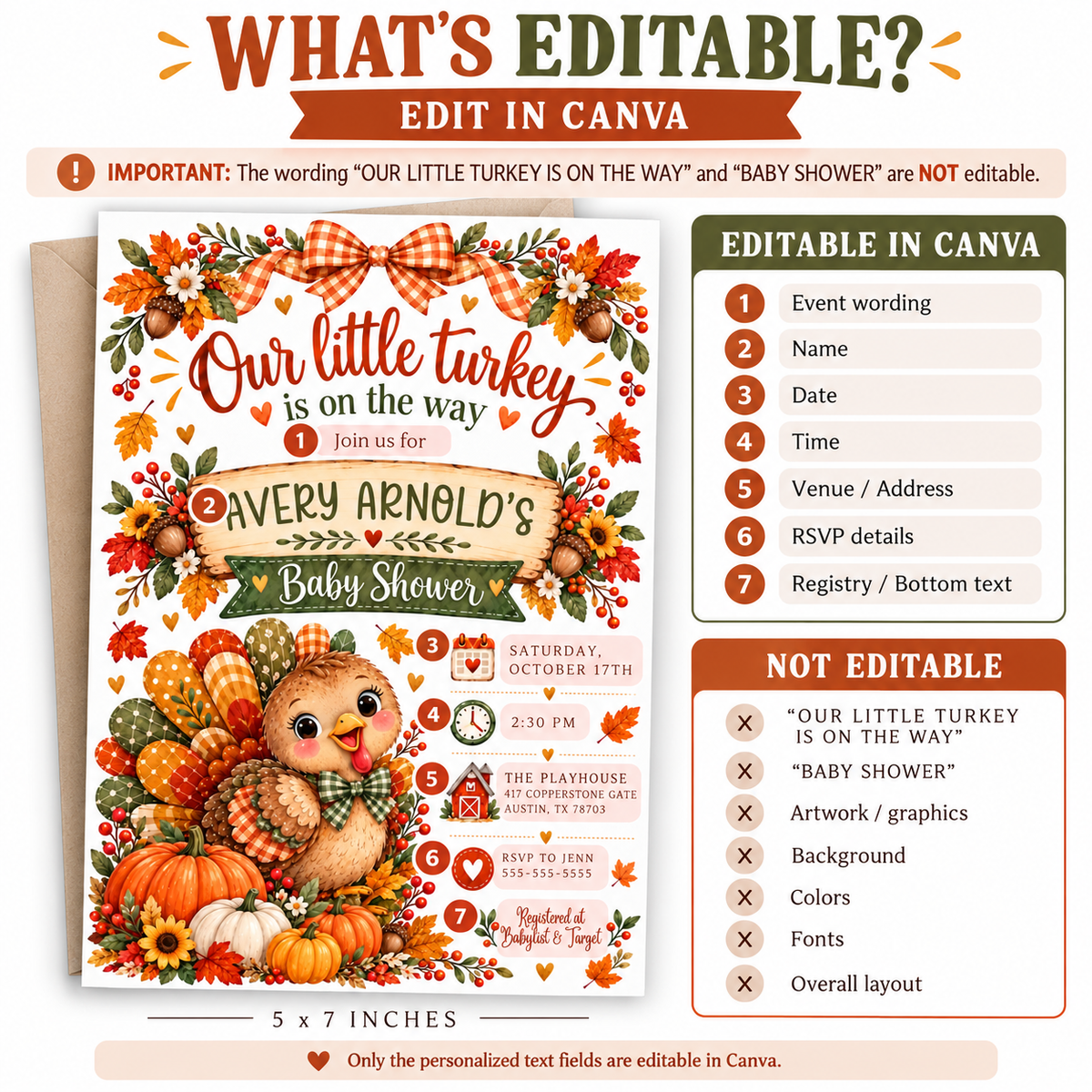 Fall baby shower invitation with Our Little Turkey Is on the Way wording, a cute turkey, pumpkins, orange gingham bow, and autumn leaves