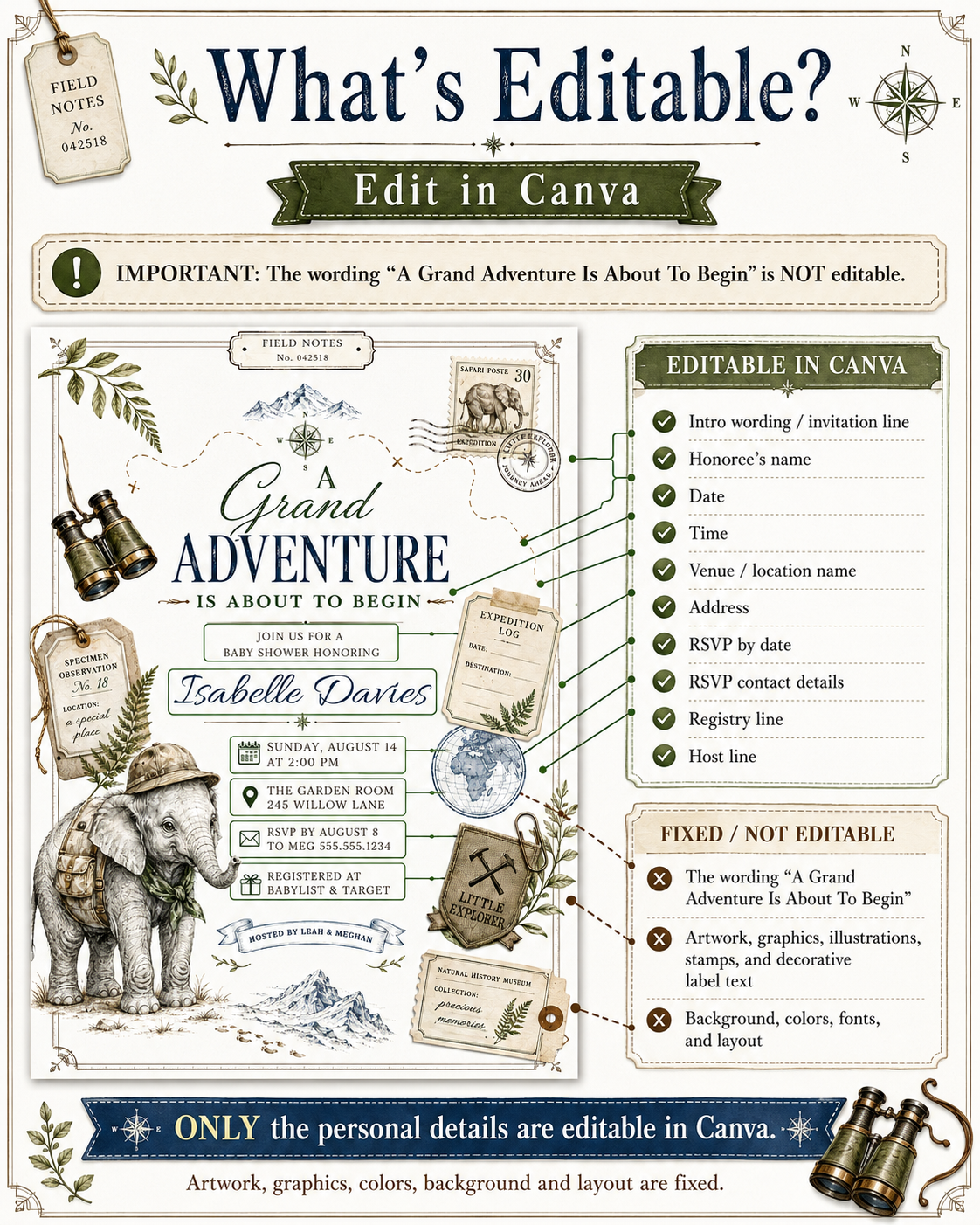 Grand adventure baby shower invitation with safari elephant, binoculars, compass, expedition tags, postage stamp, globe, mountains, greenery, and vintage explorer details