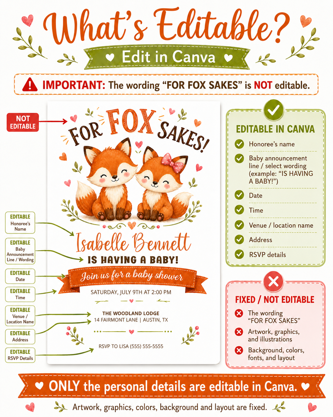 Fox baby shower invitation with two cute baby foxes, leafy greenery, hearts, orange banner, playful woodland details, and warm orange brown accents
