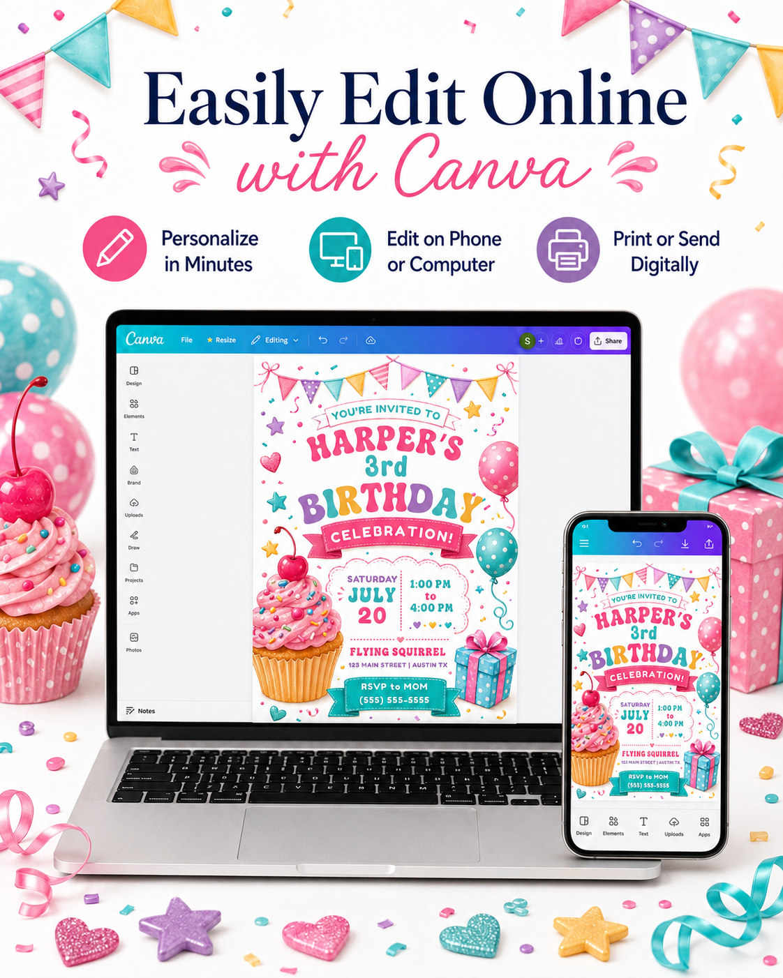 Cupcake birthday invitation with pink frosted cupcake, sprinkles, balloons, party banner, gift box, stars, confetti, hearts, and colorful pastel details