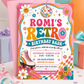 Retro birthday invitation with roller skate, disco ball, smiley flowers, checkerboard accents, colorful waves, stars, and bright pink teal orange party details