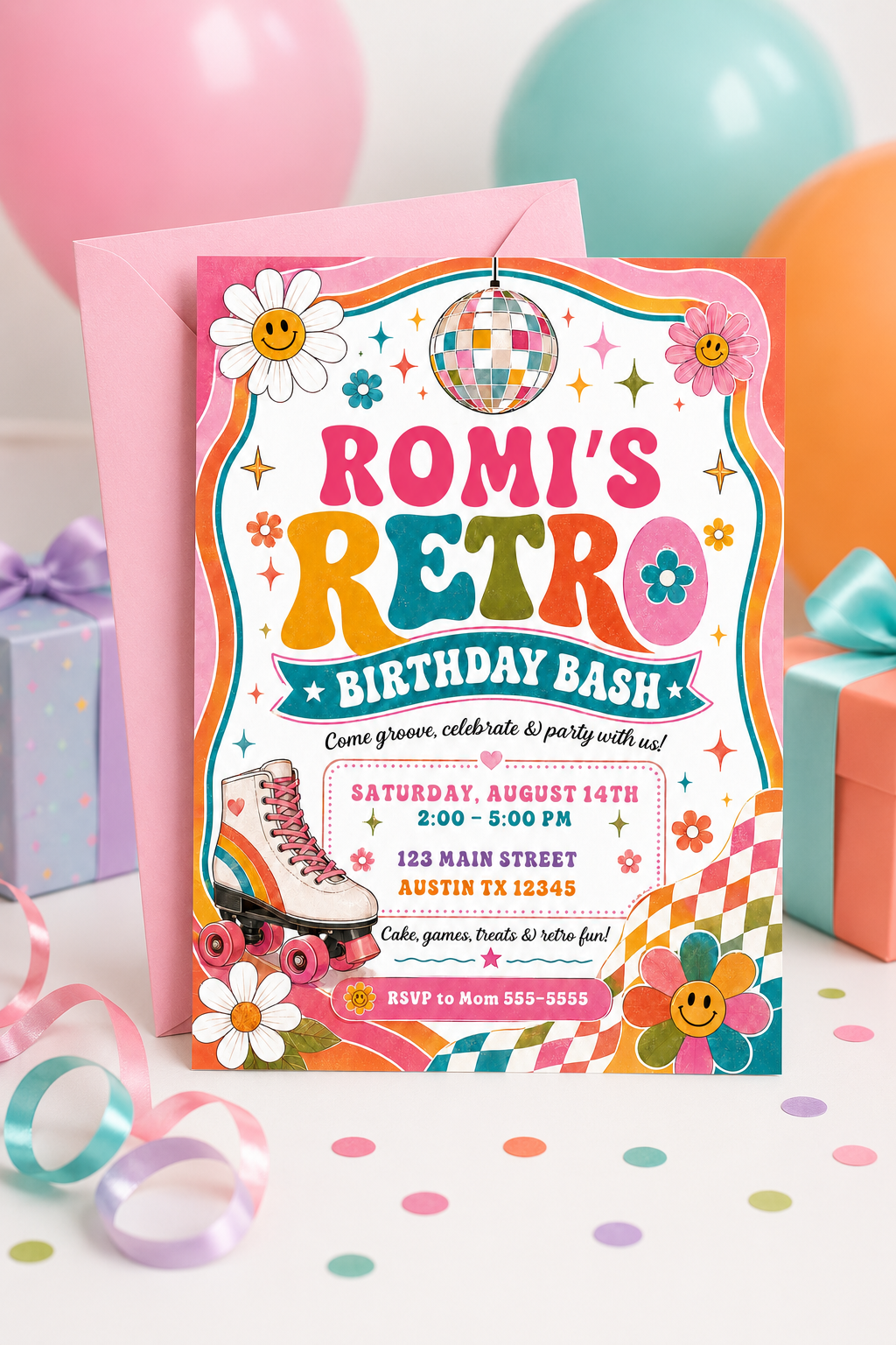 Retro birthday invitation with roller skate, disco ball, smiley flowers, checkerboard accents, colorful waves, stars, and bright pink teal orange party details