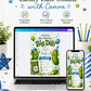 Boys Big Dill birthday invitation featuring cute pickle characters, pickle jar, balloons, party hat, blue and green details and sliced pickles.
