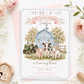 Our little farmer girl birthday invitation with a blue barn, green tractor, calf, piglet, and lamb in pink bows in soft pink and blue