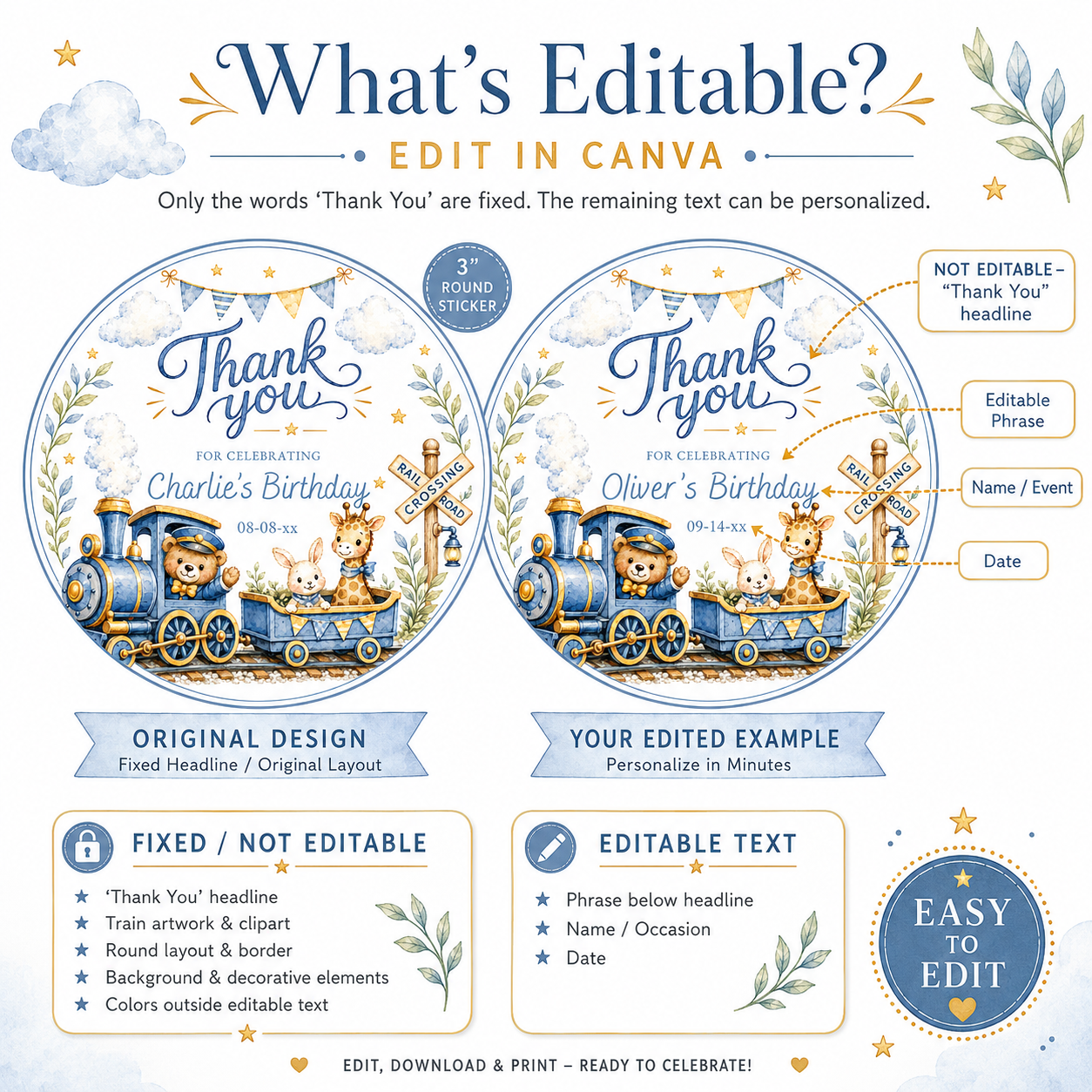 Round train birthday thank you sticker with a teddy bear conductor, giraffe, and bunny in soft blue and gold