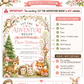 Woodland baby girl shower invitation with deer, fox, bunny, hedgehog, owl, pink flowers, leafy branches, mushrooms, birdhouse, and soft forest details