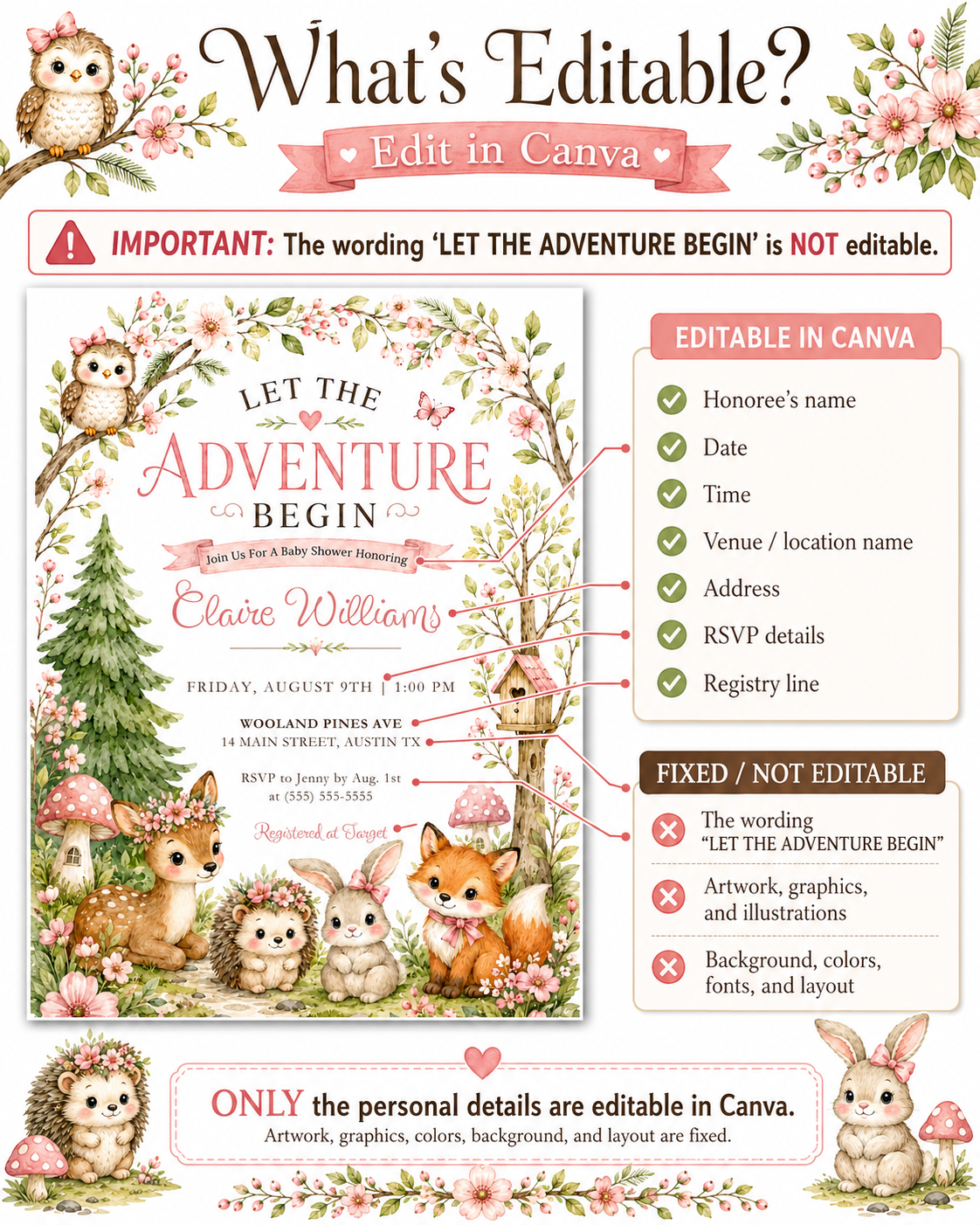 Woodland baby girl shower invitation with deer, fox, bunny, hedgehog, owl, pink flowers, leafy branches, mushrooms, birdhouse, and soft forest details