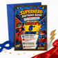 Superhero birthday invitation featuring comic book style boy and girl heroes, city skyline, POW and KAPOW graphics, stars and lightning bolts.
