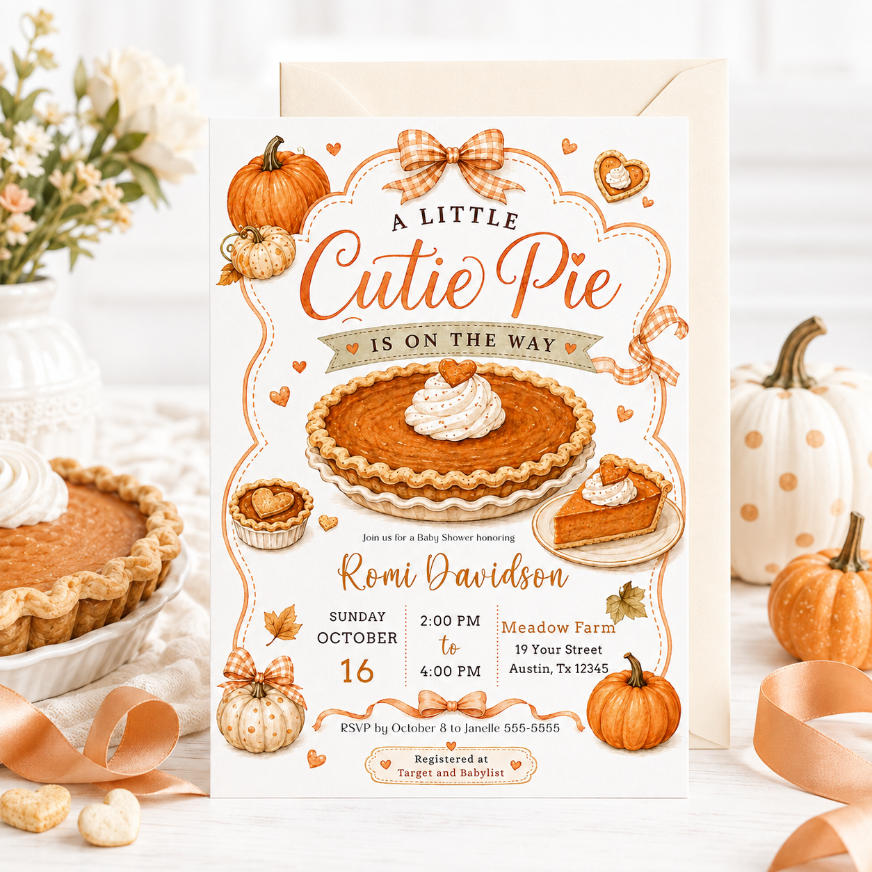 Cutie pie baby shower invitation with pumpkin pie, pumpkins, gingham bows, autumn leaves, mini pies, and cozy fall baby shower details