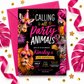 Party Animals birthday invitation with giraffe, zebra, lion, and parrot wearing party hats and pink sunglasses for a girls zoo birthday party