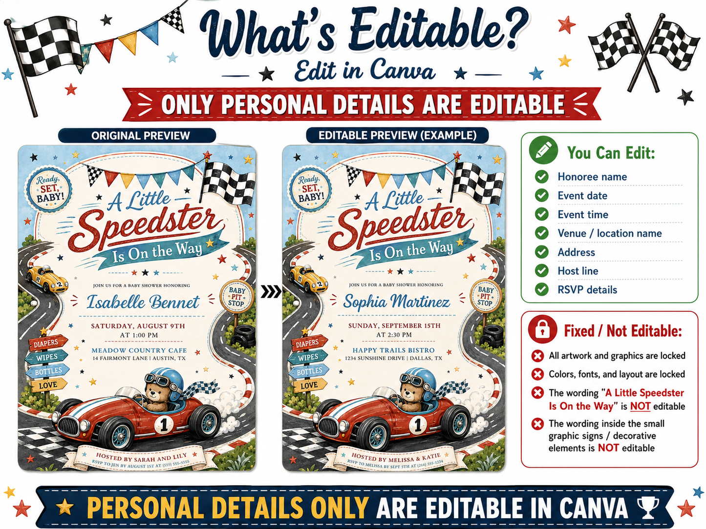 Race car baby shower invitation featuring a teddy bear driving a vintage race car, winding racetrack, checkered flag, stars and baby pit stop signs.
