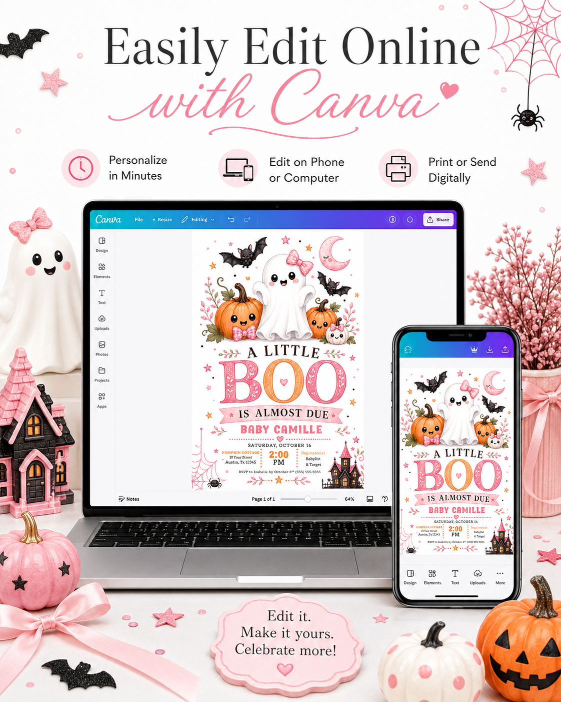 Halloween baby shower invitation with cute ghost, pink bow, smiling pumpkins, bats, pink crescent moon, spiderweb, haunted house, and spooky-cute baby shower details