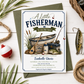 Fishing baby shower invitation with a rowboat, tackle box, and bass fish in navy and green