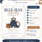 Blue jean baby shower invitation with denim overalls, brown boots, and a lasso in denim blue and caramel