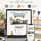 Chugga Chugga Two Two second birthday invitation featuring a navy and sage steam train, railroad crossing sign, trees and bunting.
